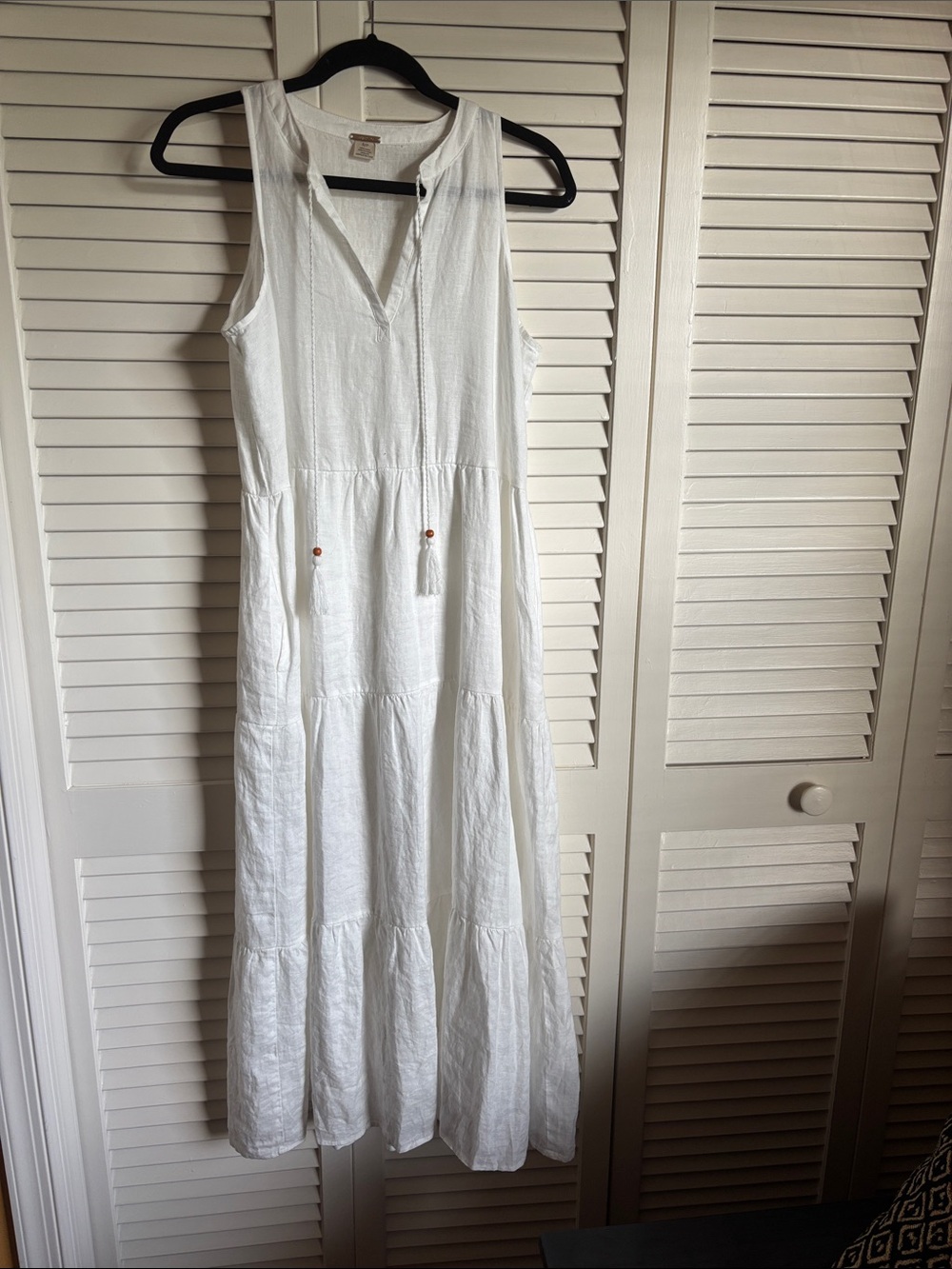Magaschoni White Sleeveless Tiered Maxi Dress with Tassel Accents